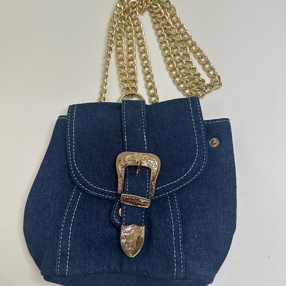 Denim Chain Strap Bag with Gold Buckle
